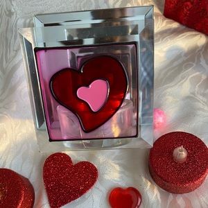 Red glittered box 2 battery candles mirror candle holder hearts & balls